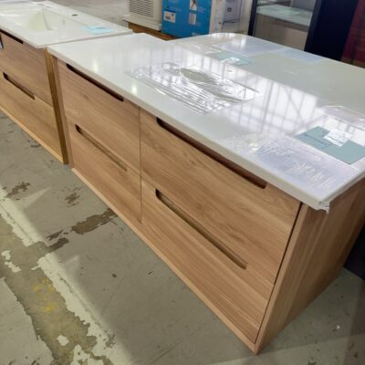 NEW AULIC AINSLEY 1200MM WALL HUNG VANITY, TIMBER LOOK, FINGER PULL WITH PURE STONE TOP WITH UNDERMOUNT BASIN, RRP00 CAWH52-1200-ST56
