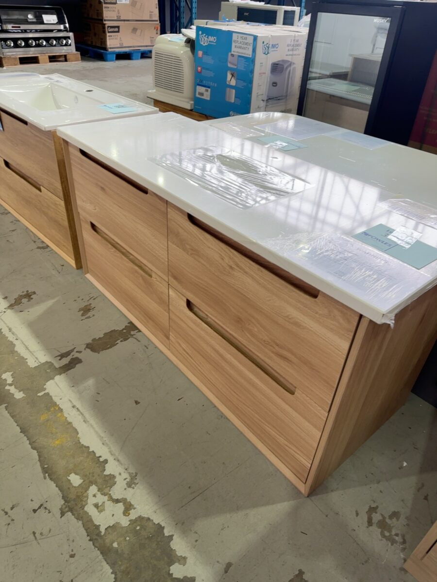 NEW AULIC AINSLEY 1200MM WALL HUNG VANITY, TIMBER LOOK, FINGER PULL WITH PURE STONE TOP WITH UNDERMOUNT BASIN, RRP$2000 CAWH52-1200-ST56