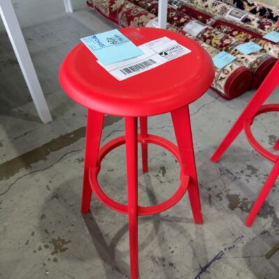 EX HIRE - RED ACRYLIC INDOOR/OUTDOOR BAR STOOLS, SOLD AS IS