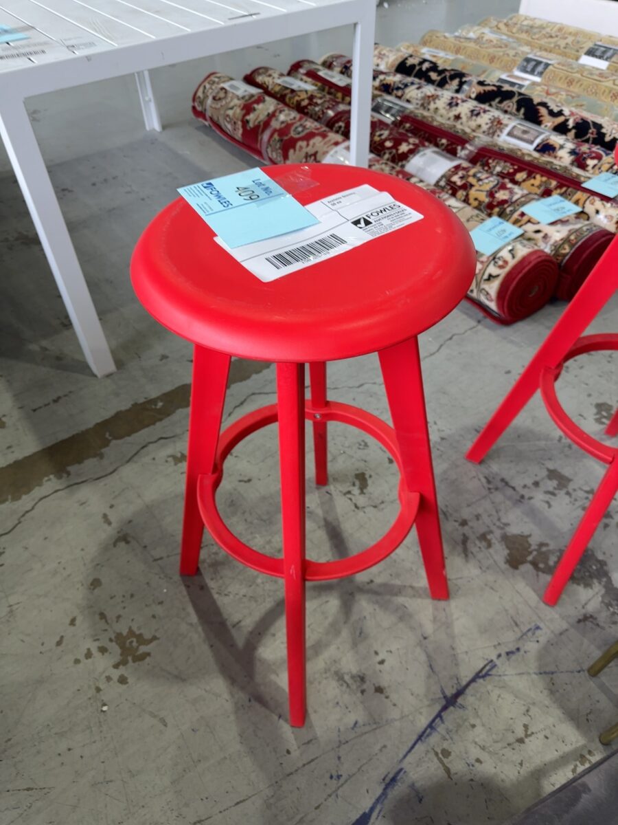EX HIRE - RED ACRYLIC INDOOR/OUTDOOR BAR STOOLS, SOLD AS IS