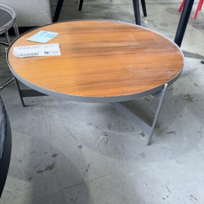 USED OFFICE FURNITURE - ROUND LAMINATE COFFEE TABLE, METAL FRAME SOLD AS IS