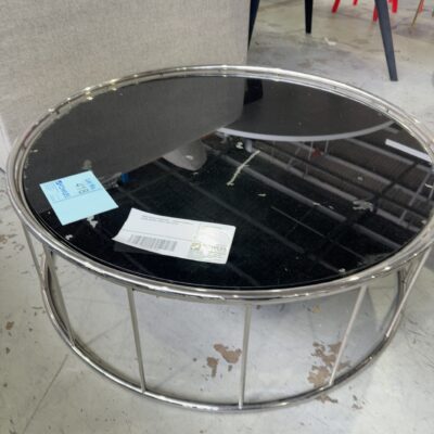 USED OFFICE FURNITURE - ROUND CHROME & GLASS COFFEE TABLE, SOLD AS IS