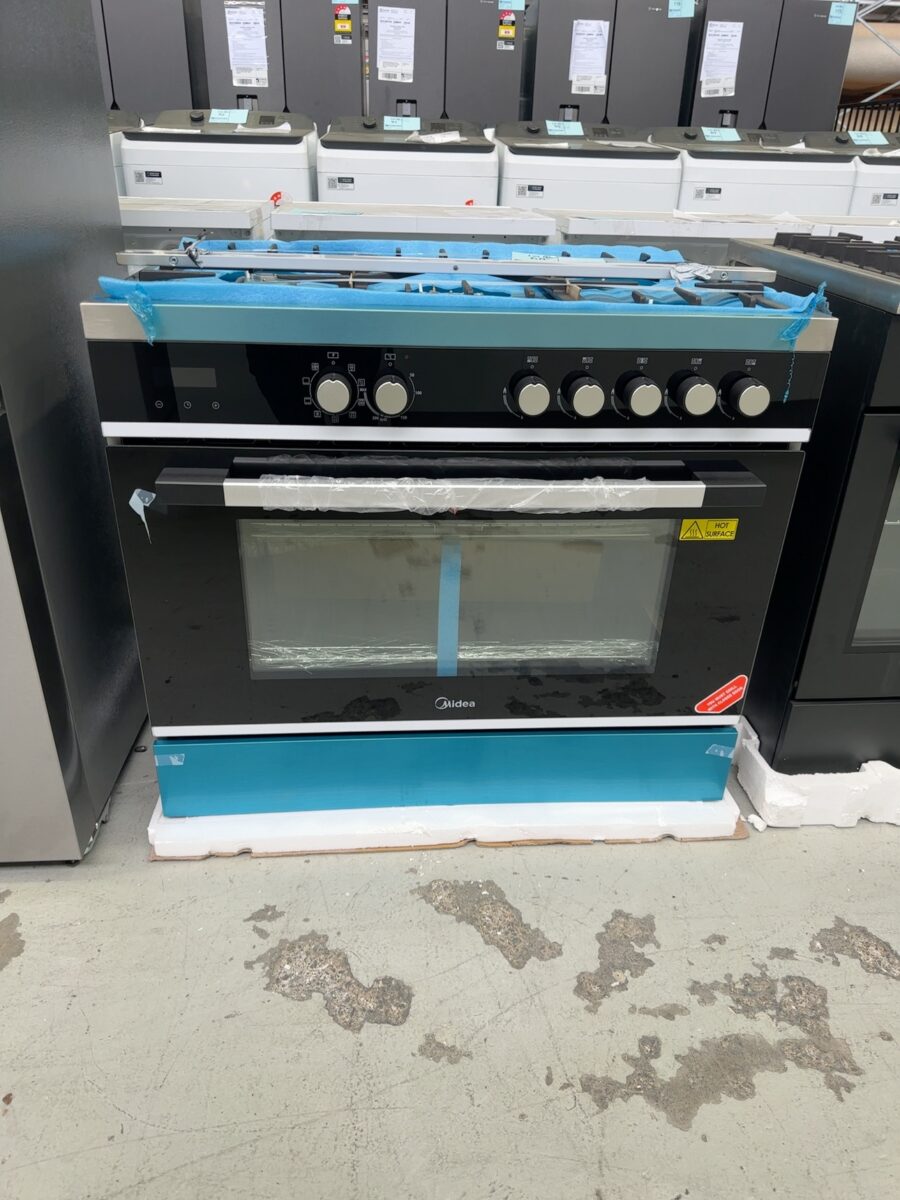 NEW MIDEA 900MM DUAL FUEL FREESTANDING OVEN, MFS90GSS, 5 BURNER GAS COOKTOP, WITH ELECTRIC OVEN, 9 COOKING FUNCTIONS, TRIPLE GLAZED DOOR WITH 3 YEAR WARRANTY