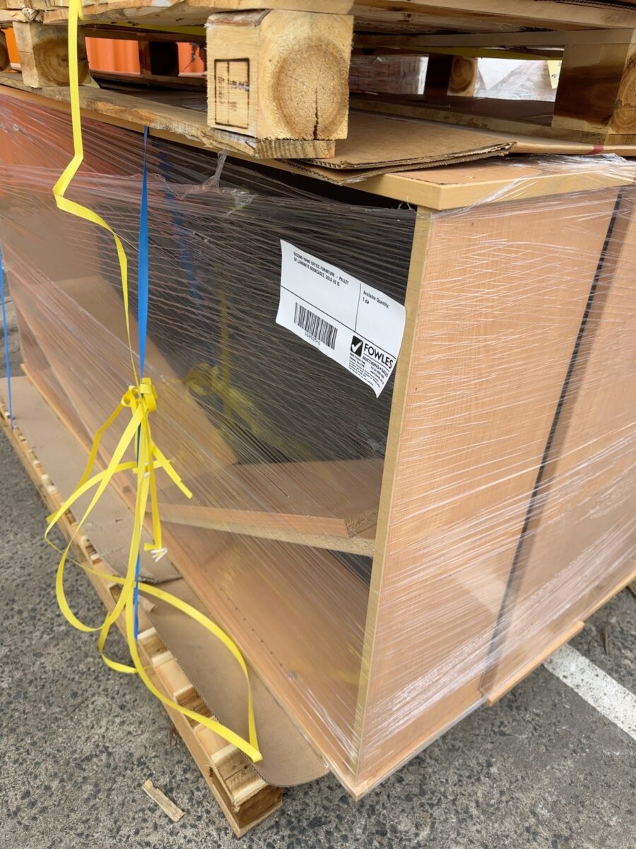 SECOND HAND OFFICE FURNITURE - PALLET OF LAMINATE BOOKCASES, SOLD AS IS