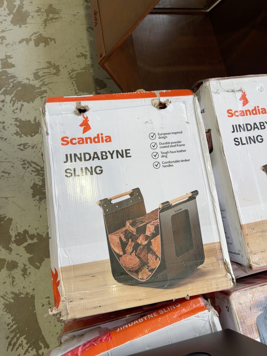SCANDIA JINDABYNE SLING FIREWOOD STORAGE, DURABLE STEEL, FAUX LEATHER, TIMBER HANDLES RRP$130.00 SG050200013