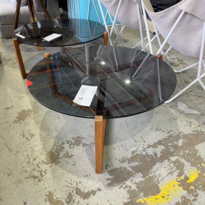 EX STAGING - DARK GLASS ROUND COFFEE TABLE, TIMBER FRAME, SOLD AS IS
