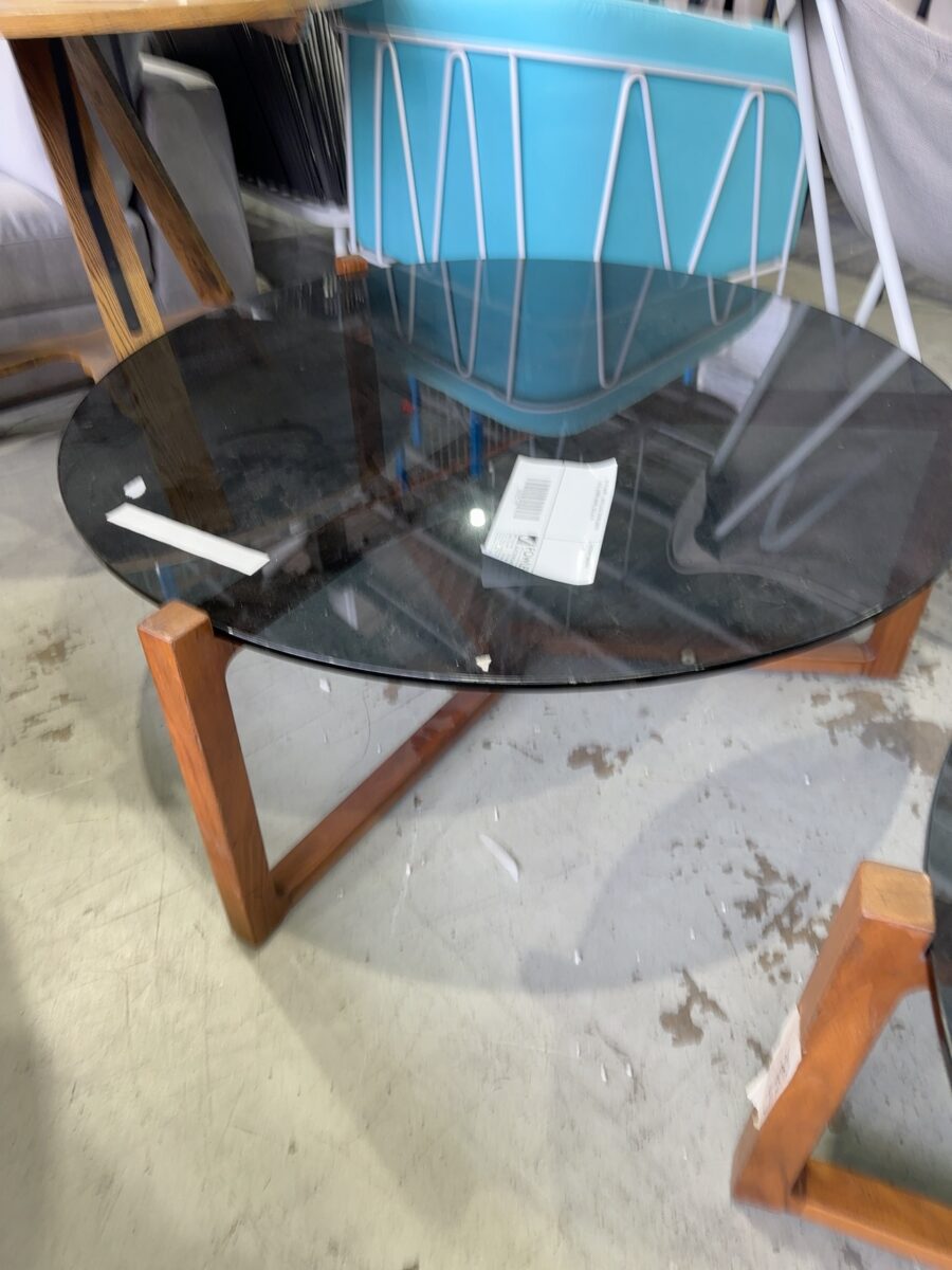 EX STAGING - DARK GLASS ROUND COFFEE TABLE, TIMBER FRAME, SOLD AS IS