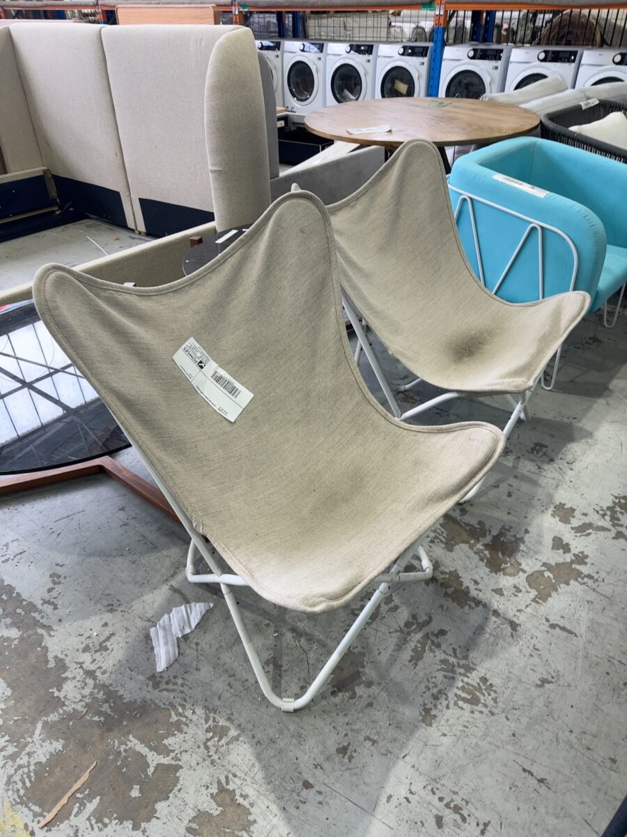 EX STAGING - BEIGE MATERIAL SLING CHAIR SOLD AS IS **STAINED**