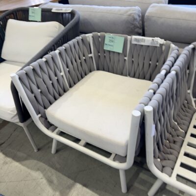 EX STAGING - PAIR OF GREY WOVEN OUTDOOR CHAIR - **ONE CHAIR IS MISSING SEAT CUSHION, SOLD AS IS