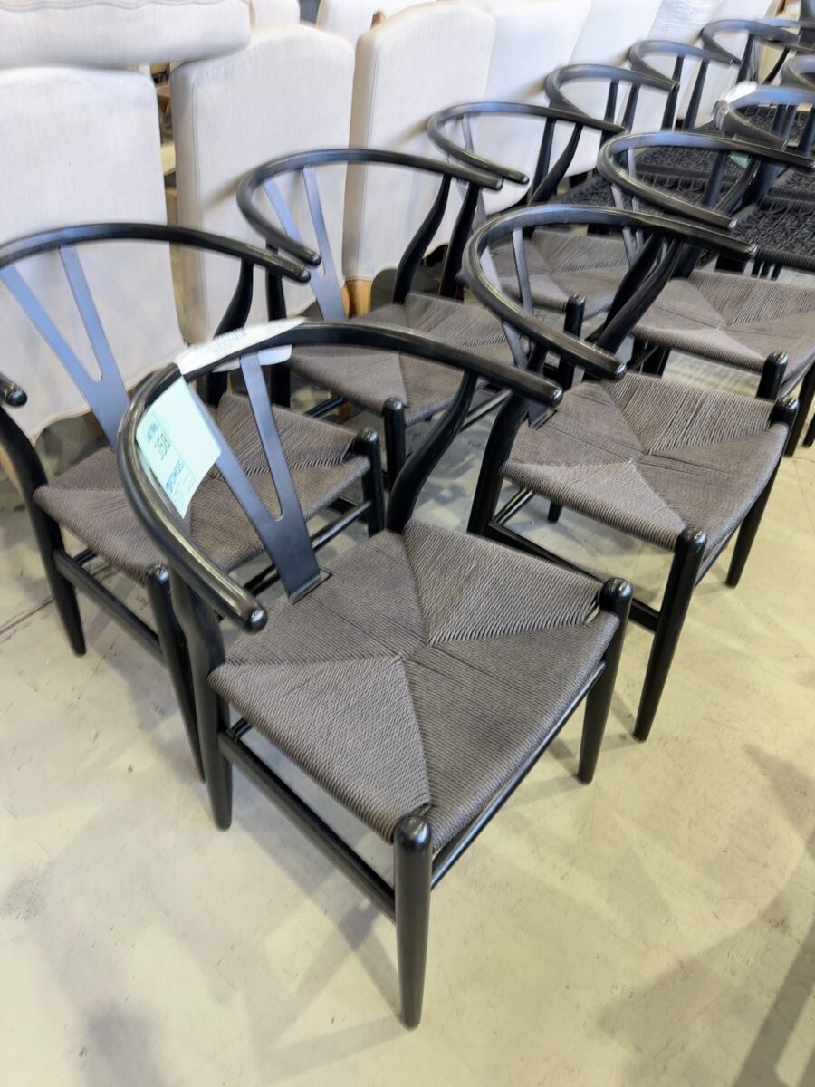 EX STAGING - BLACK DINING CHAIR, GREY WOVEN SEAT, SOLD AS IS