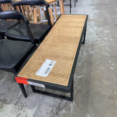 EX STAGING - BLACK TIMBER BENCH WITH RATTAN SEAT, SOLD AS IS