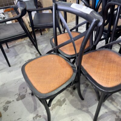 EX STAGING - BLACK CROSS BACK DINING CHAIR WITH TAN WOVEN SEAT SOLD AS IS