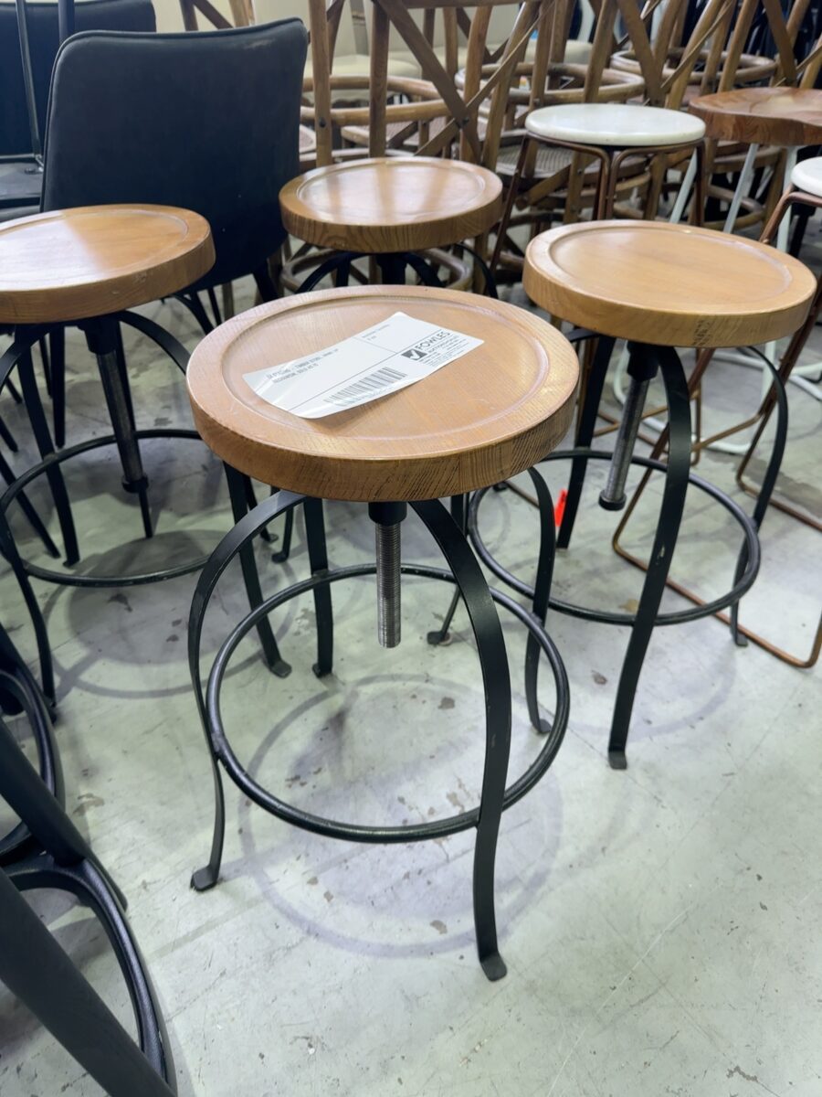 EX STAGING - TIMBER STOOL, WIND UP MECHANISM, SOLD AS IS