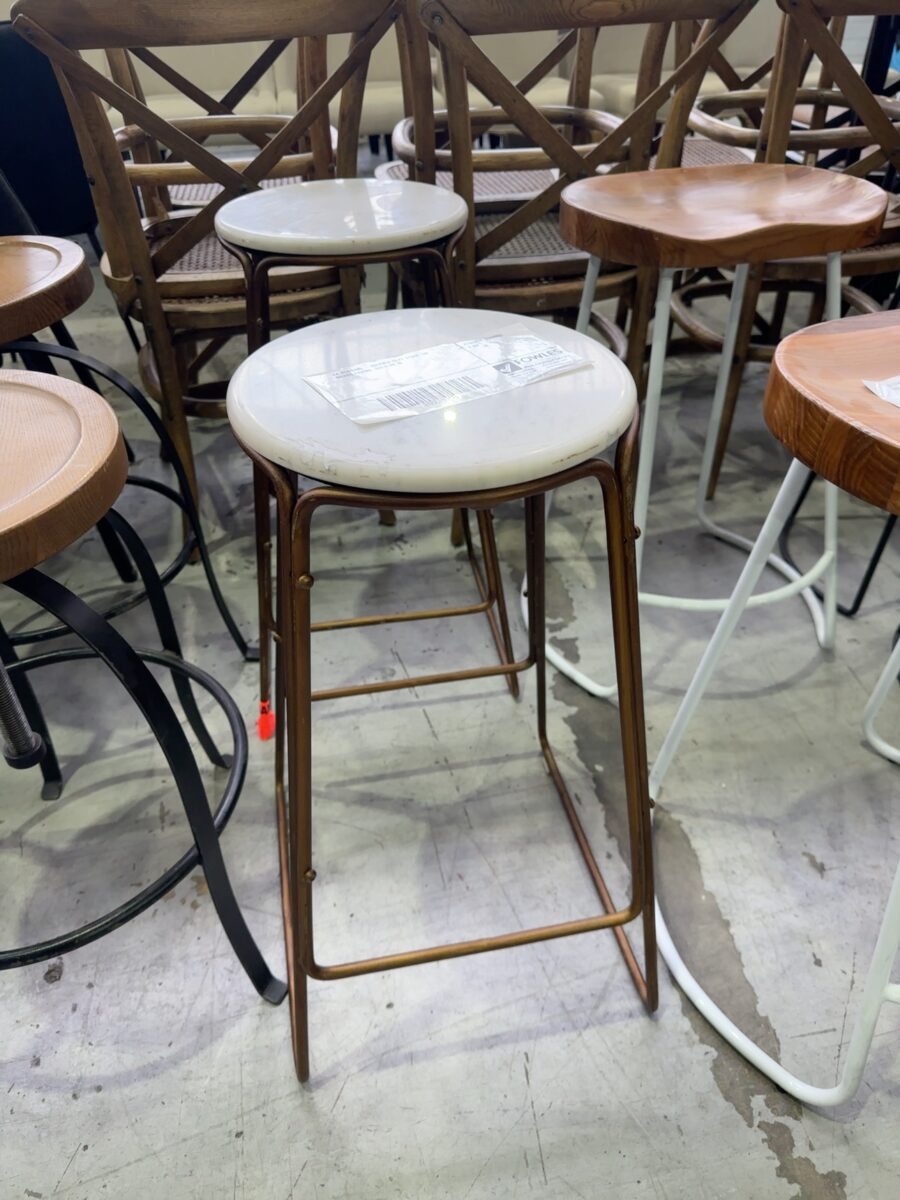 EX STAGING - MARBLE SEAT STOOL ON BRASS FRAME, SOLD AS IS