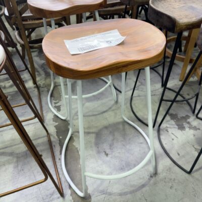 EX STAGING - TIMBER SEAT STOOL ON WHITE METAL FRAME, SOLD AS IS