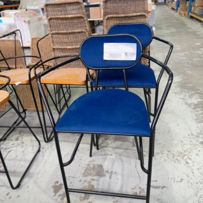 EX STAGING - BLUE VELVET BAR CHAIR ON BLACK METAL FRAME, SOLD AS IS