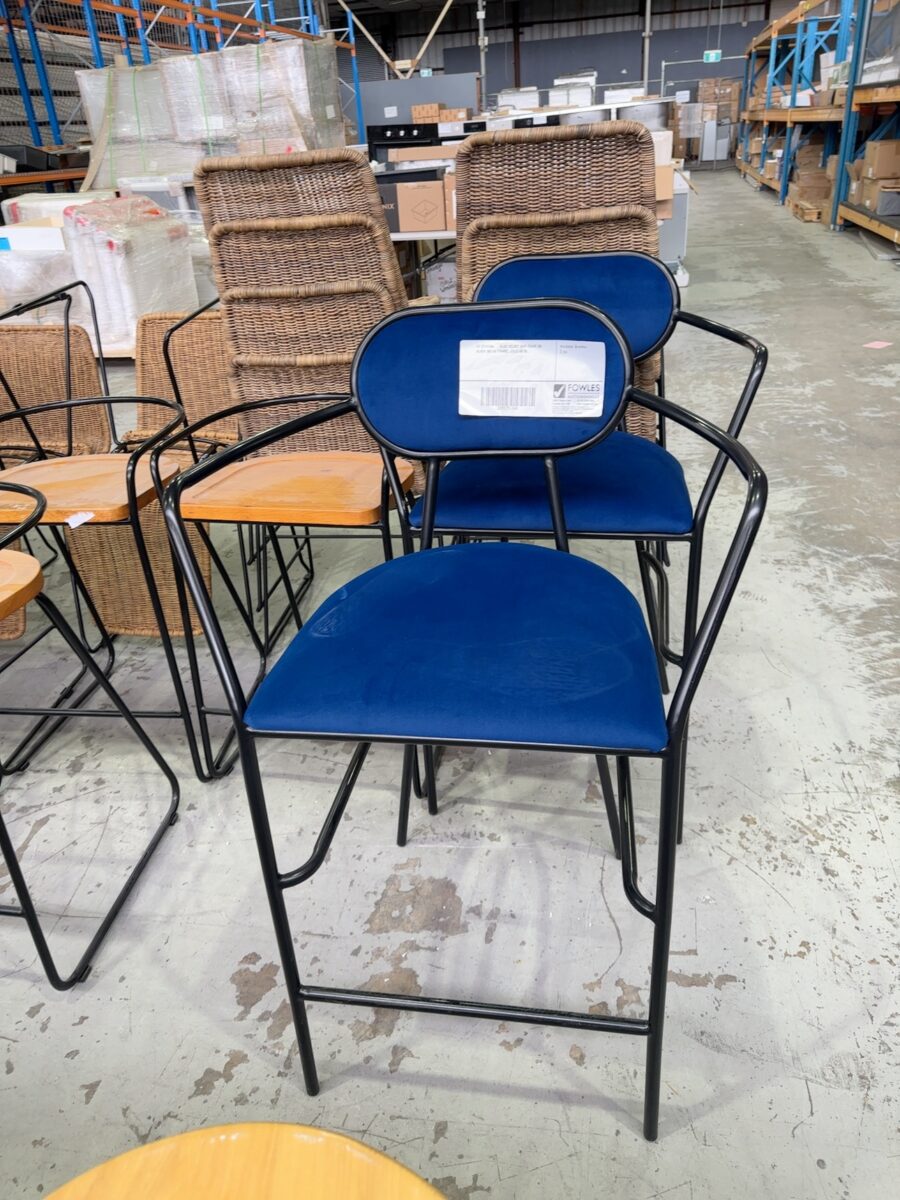 EX STAGING - BLUE VELVET BAR CHAIR ON BLACK METAL FRAME, SOLD AS IS