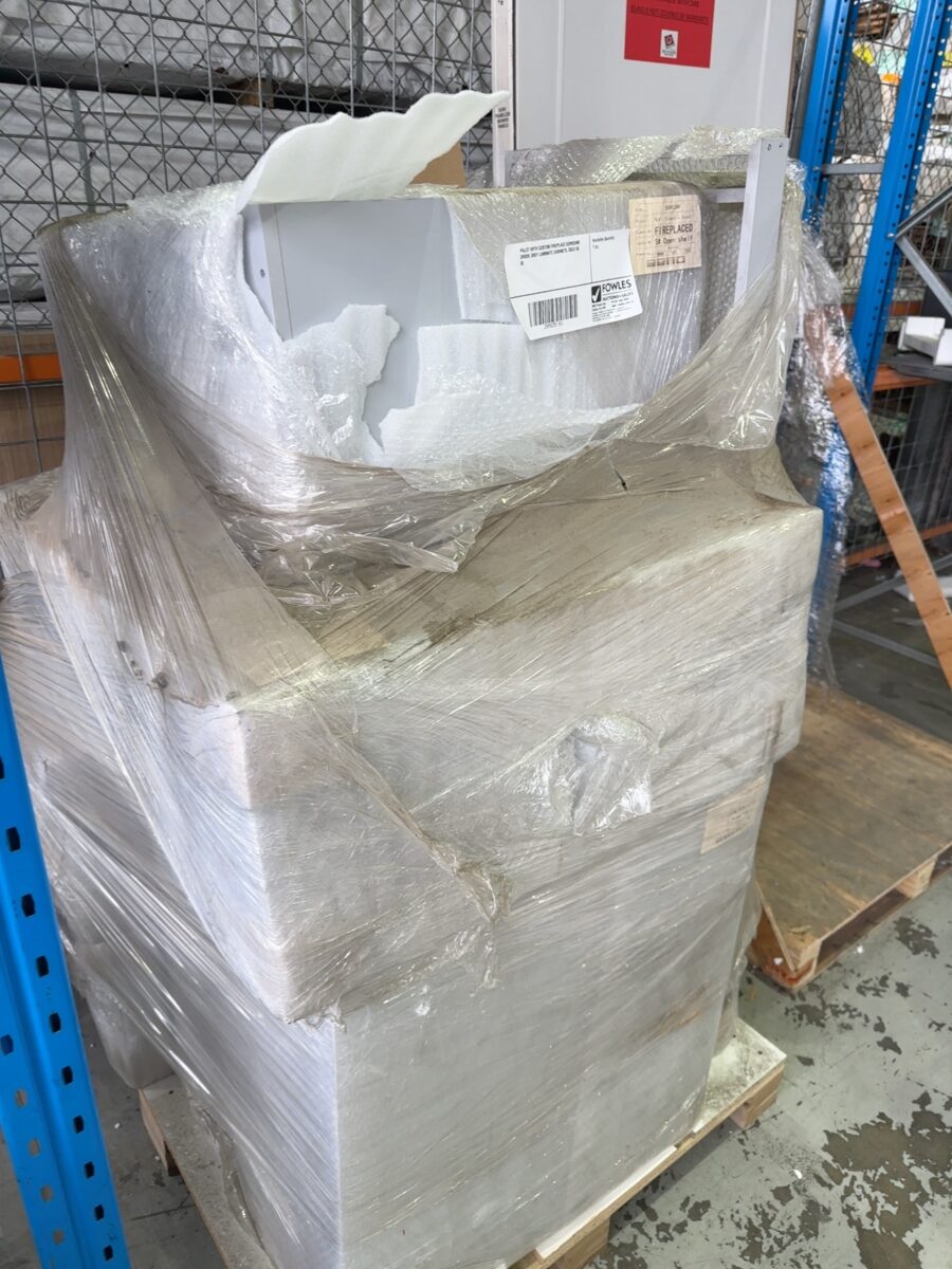 PALLET WITH CUSTOM FIREPLACE SURROUND ORDER, GREY LAMINATE CABINETS, SOLD AS IS