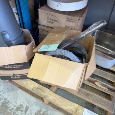 PALLET WITH VANITY BOWLS, LAUNDRY SINK & WALL MOUNT BAGLESS VACUUM CLEANER WITH ACCESSORIES - NO WARRANTY