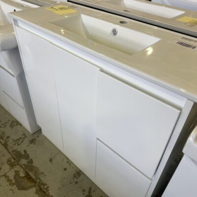 NEW 900MM GLOSS WHITE VANITY WITH 2 DRAWERS ON RIGHT, NARROW DEPTH, WITH WHITE CERAMIC TOP, SK32-900W & UV32-900H-1TH