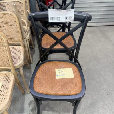 EX STAGING - BLACK CROSS BACK DINING CHAIR WITH TAN WOVEN SEAT SOLD AS IS