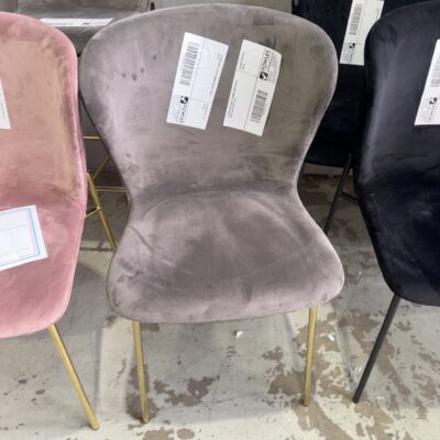 EX HIRE GREY VELVET DINING CHAIR WITH GOLD LEGS, SOLD AS IS