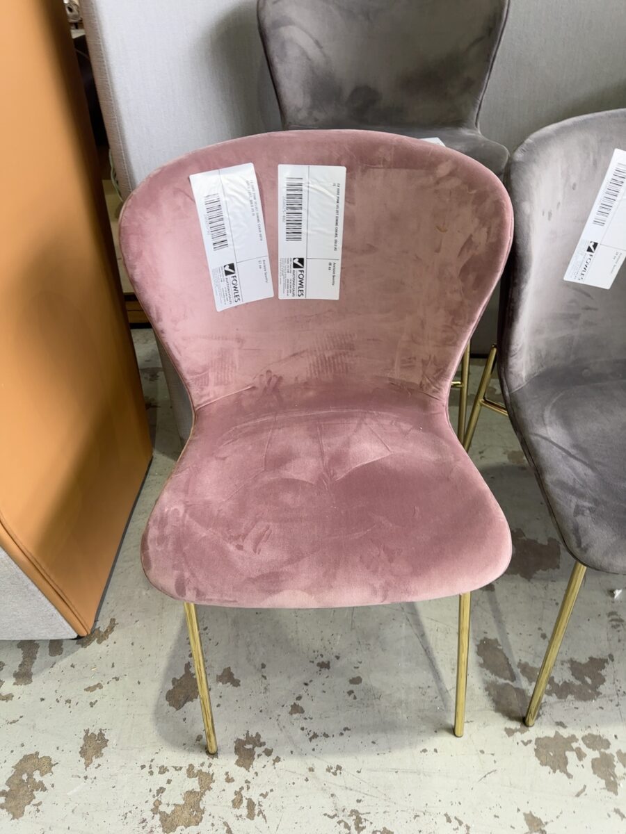 EX HIRE PINK VELVET DINING CHAIR WITH GOLD LEGS, SOLD AS IS
