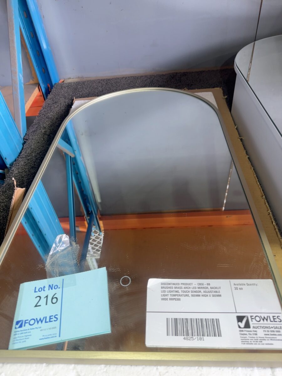DISCONTINUED PRODUCT - CB50-BB BRUSHED BRASS ARCH LED MIRROR, BACKLIT LED LIGHTING, TOUCH SENSOR, ADJUSTABLE LIGHT TEMPERATURE, 900MM HIGH X 500MM WIDE RRP$388