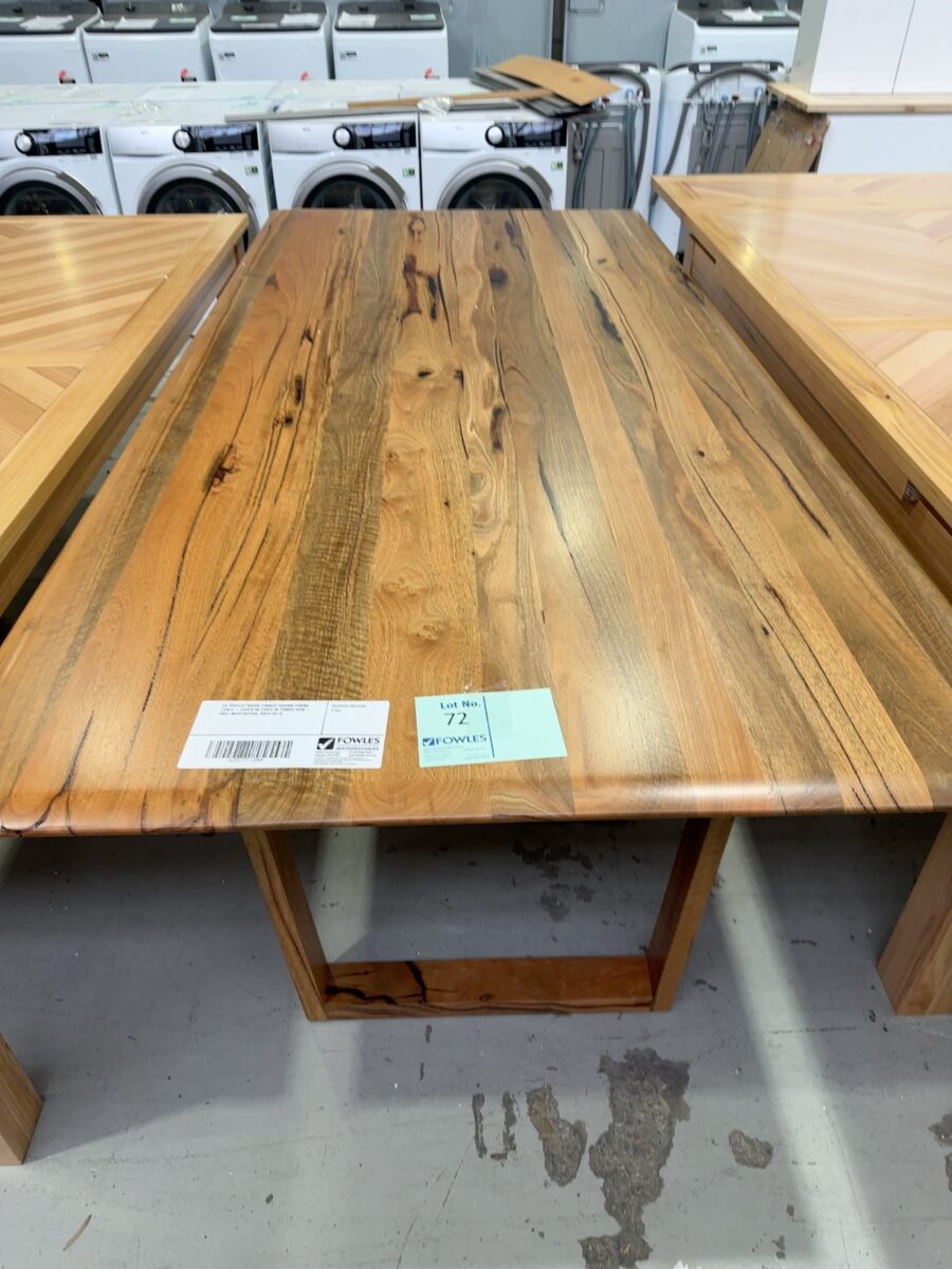 EX DISPLAY MARRI TIMBER 2500MM DINING TABLE - CRACK IN TABLE IN TIMBER VEIN - WILL NEED REPAIR, SOLD AS IS
