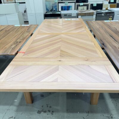 EX DISPLAY FLINDERS EXTENSION DINING TABLE, MESSMATE TIMBER, HERRINGBONE DESIGN EXTENDS 2100MM TO 3000MM SOLD AS IS