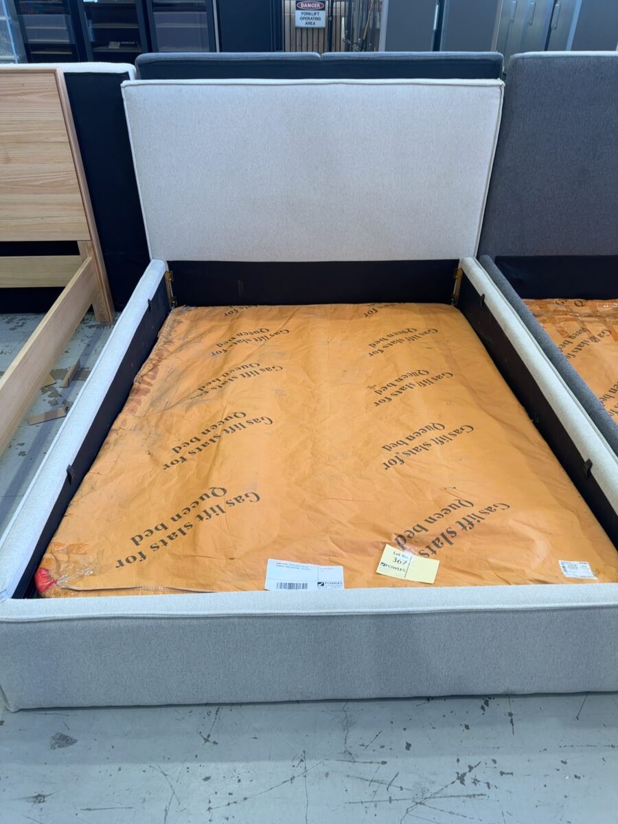 SAMPLE BEDS - STEVIE QUEEN GAS LIFT PROSECCO FABRIC BEDFRAME, SOLD AS IS