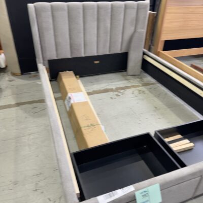 SAMPLE FURNITURE - BAKER QUEEN BEDFRAME WITH DRAWERS, SMOKE FABRIC SOLD AS IS