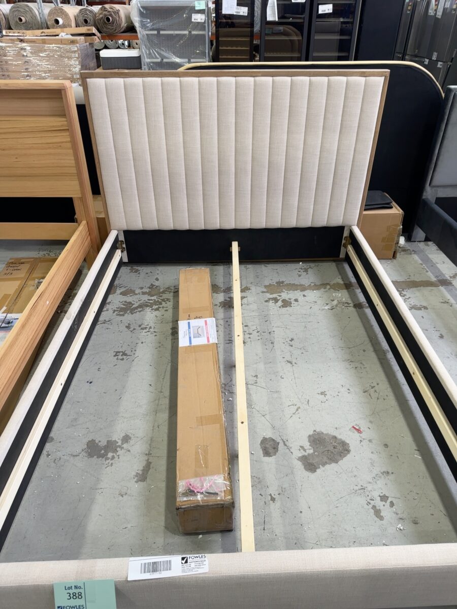 SAMPLE FURNITURE - PYKE QUEEN BEDFRAME, VINTAGE SMOKE & EGGSHELL SOLD AS IS