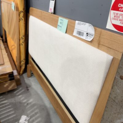 SAMPLE FURNITURE - SOUTHGATE QUEEN HEADBOARD ONLY, MESSMATE & IVORY FABRIC, SOLD AS IS