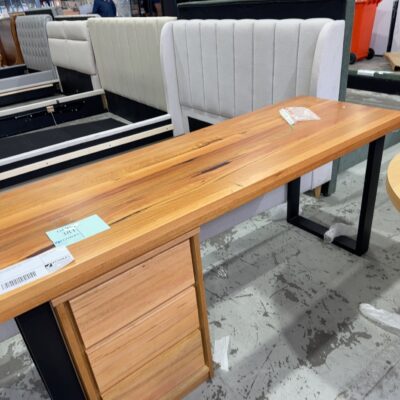 EX DISPLAY COWAN DESK WITH 3 DRAWERS, MESSMATE TIMBER SOLD AS IS