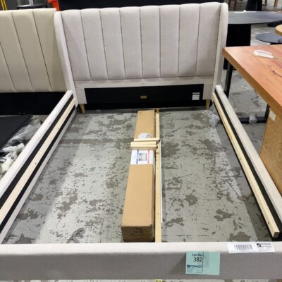 SAMPLE FURNITURE - MYRTLE QUEEN BEDFRAME, DOVE FABRIC, SOLD AS IS