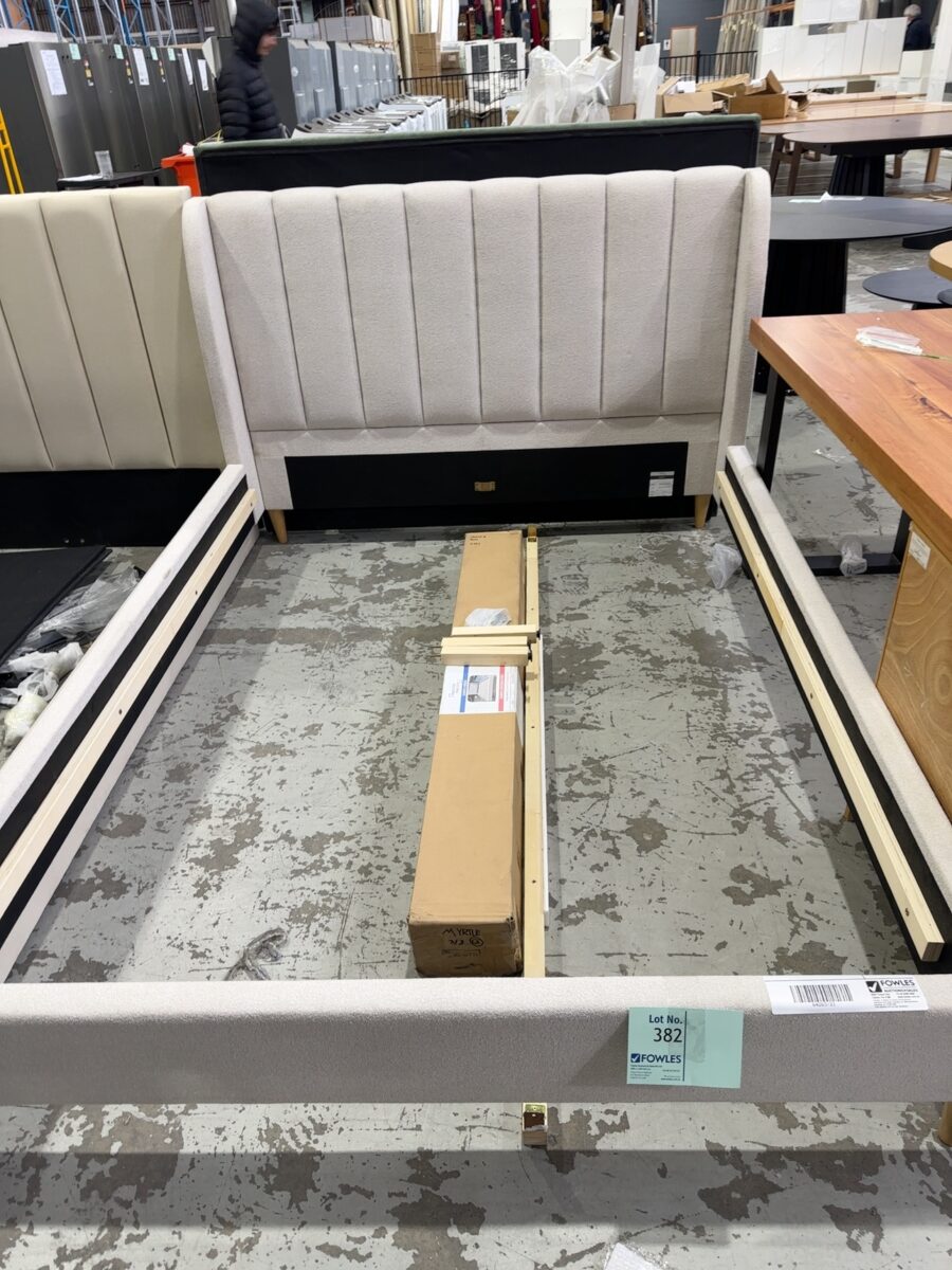 SAMPLE FURNITURE - MYRTLE QUEEN BEDFRAME, DOVE FABRIC, SOLD AS IS