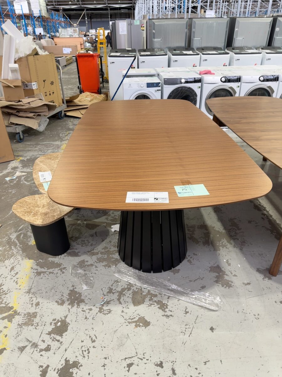 SAMPLE FURNITURE - UPTON CURVED WALNUT EXTENSION DINING TABLE, FROM 2400MM TO 3000MM SOLD AS IS