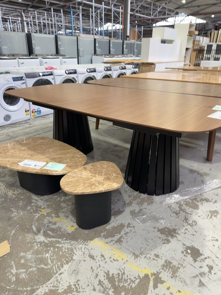 SAMPLE FURNITURE - UPTON CURVED WALNUT EXTENSION DINING TABLE, FROM 2400MM TO 3000MM SOLD AS IS