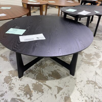 SAMPLE FURNITURE - IDA 900MM ROUND COFFEE TABLE, ASH TIMBER, BLACK STAIN, SOLD AS IS