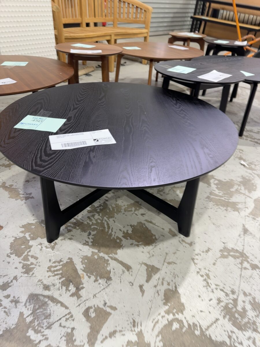 SAMPLE FURNITURE - IDA 900MM ROUND COFFEE TABLE, ASH TIMBER, BLACK STAIN, SOLD AS IS
