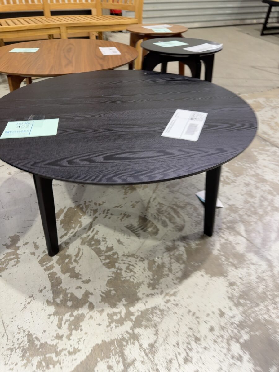 SAMPLE FURNITURE - TESS COFFEE TABLE, 900MM, ASH TIMBER, BLACK STAIN SOLD AS IS