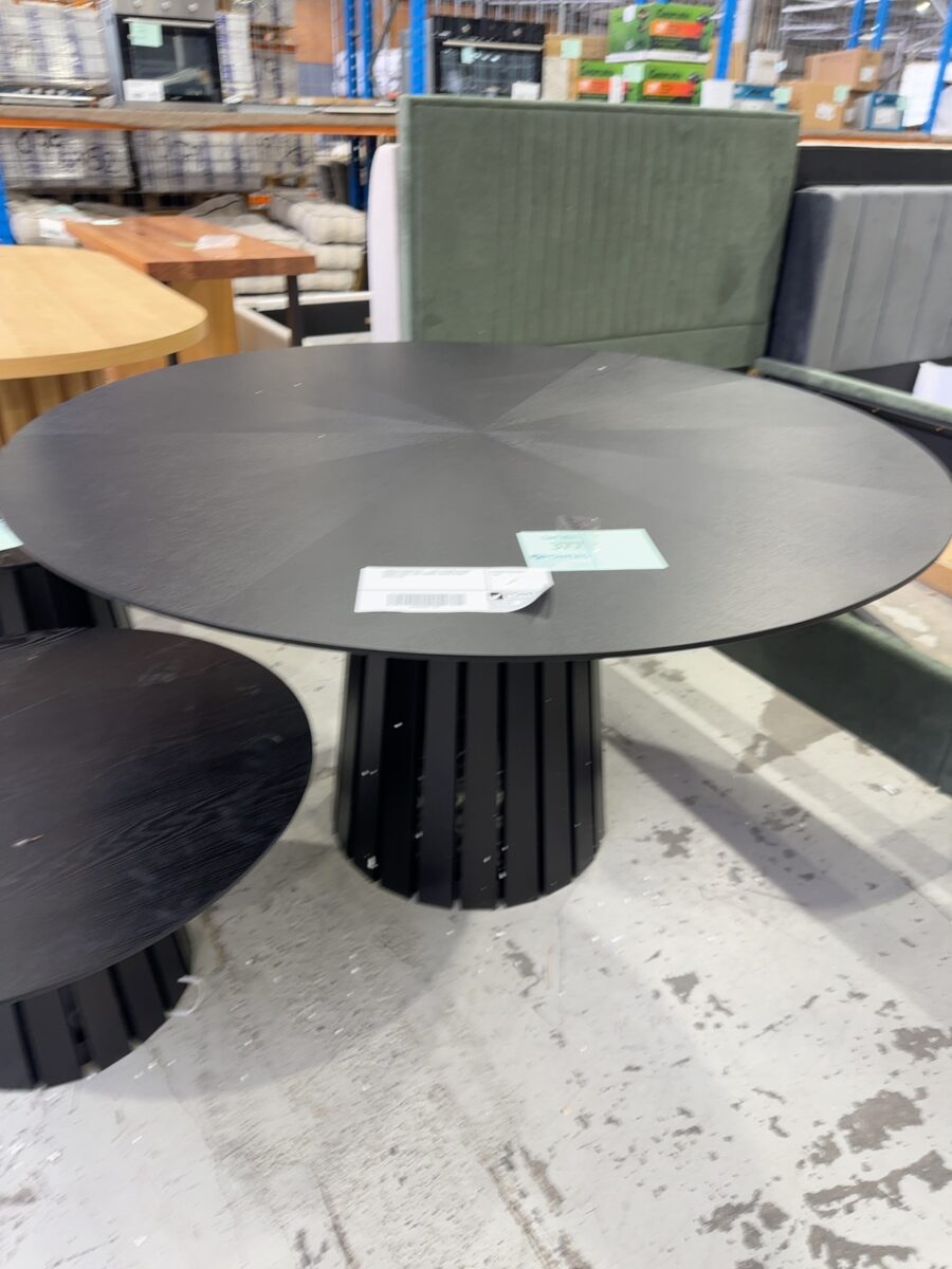 SAMPLE FURNITURE - TINA 1370MM ROUND DINING TABLE, ASH TIMBER, BLACK STAIN, SOLD AS IS