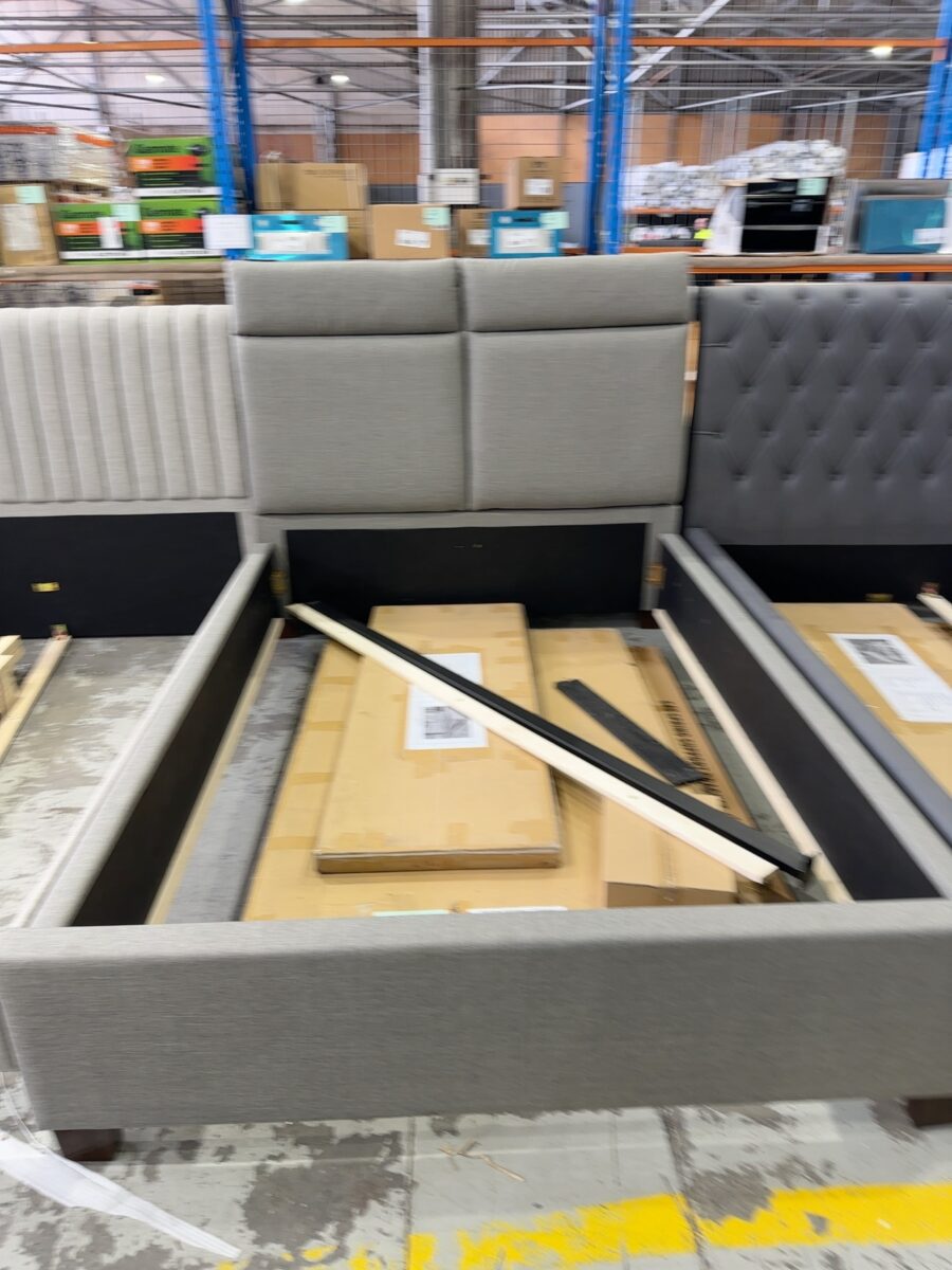 SAMPLE BEDFRAME - MASON QUEEN SIZE GREY FABRIC BEDFRAME SOLD AS IS