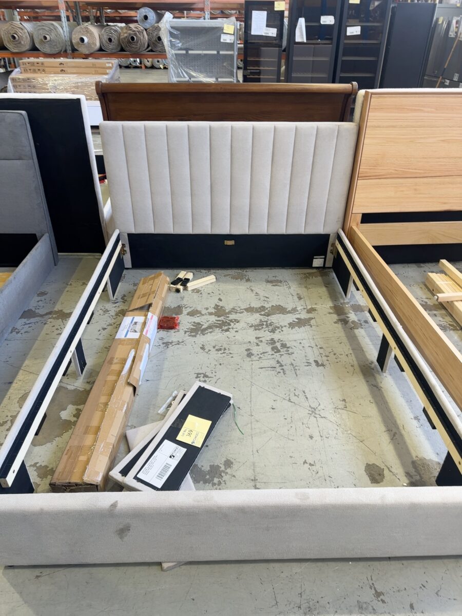SAMPLE BEDS - CLAUDIA QUEEN DRAWER BED FRAME, ABALONE FABRIC **PLEASE NOTE DRAWER FRONTS ONLY SUPPLIED, NO DRAWERS** SOLD AS IS