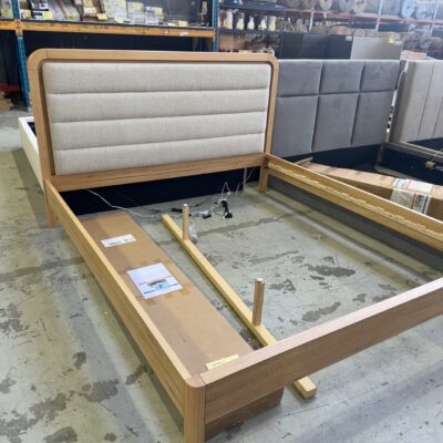 SAMPLE BEDS - ELLEN KING BEDFRAME, MESSMATE & BEIGE FABRIC SOLD AS IS