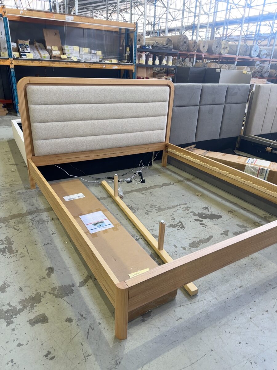 SAMPLE BEDS - ELLEN KING BEDFRAME, MESSMATE & BEIGE FABRIC SOLD AS IS