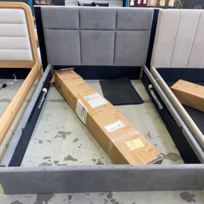 SAMPLE BEDS - HOLLAND QUEEN BEDFRAME, GREY FABRIC SOLD AS IS