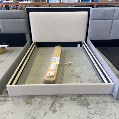 SAMPLE BEDS - NEWMAN QUEEN BEDFRAME, LIGHT BEIGE FABRIC SOLD AS IS