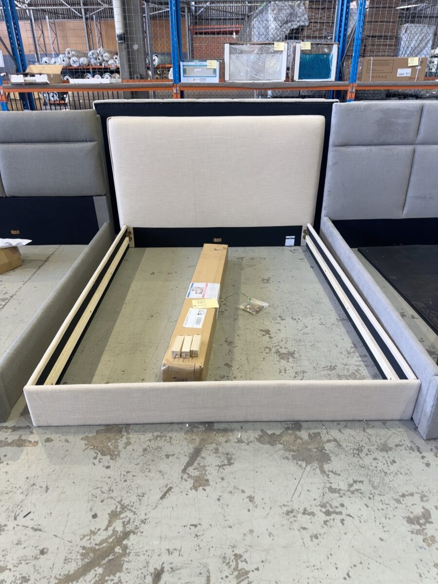 SAMPLE BEDS - NEWMAN QUEEN BEDFRAME, LIGHT BEIGE FABRIC SOLD AS IS